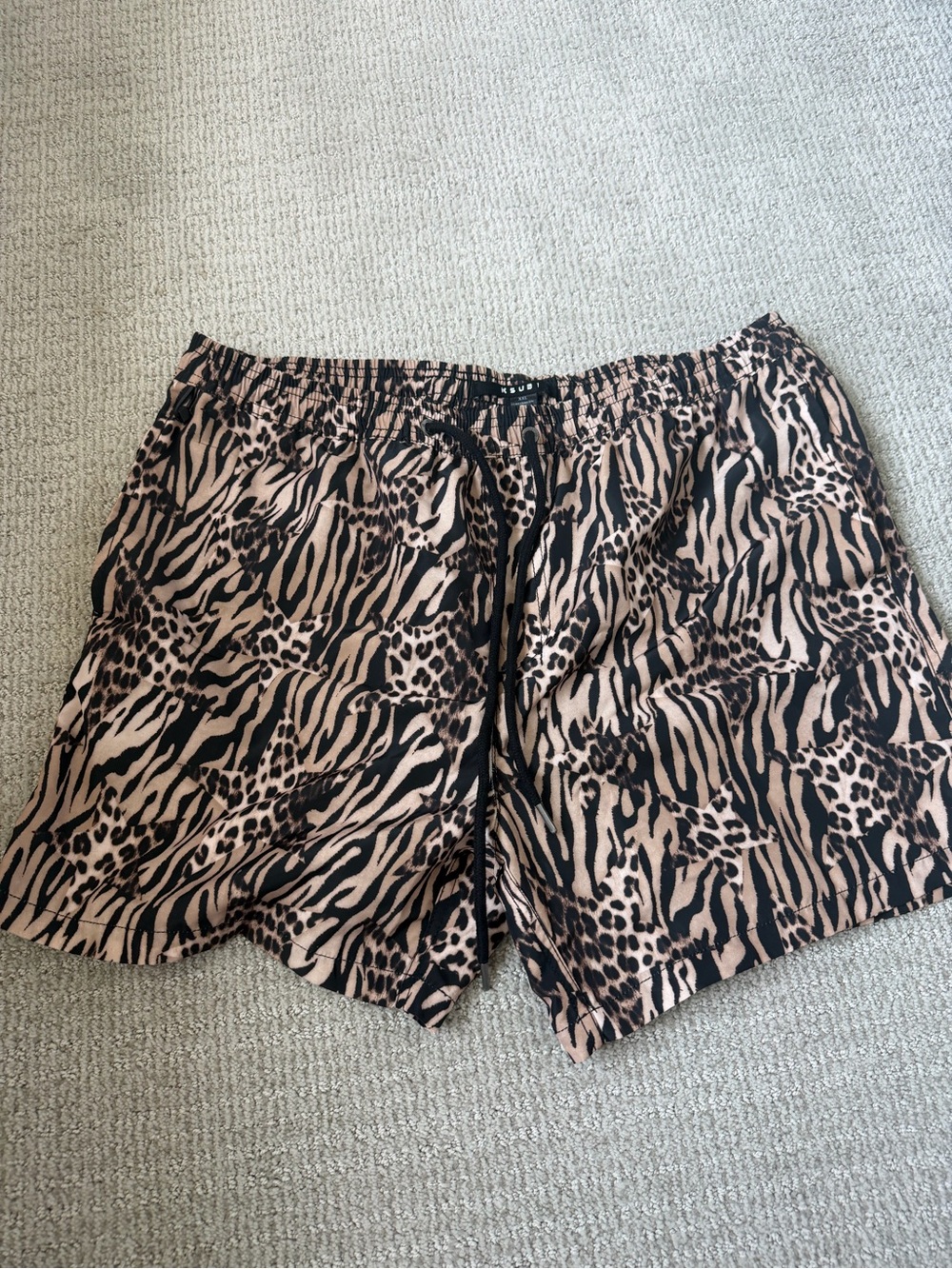 Ksubi Animal-Pattern Drawstring Shorts in Black & Tan
